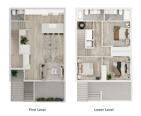 a comparison of first level and lower level floor plans